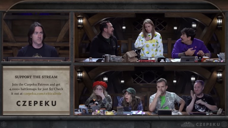 (L-R) Matt Mercer, Travis Willingham, Marisha Ray, Robbie Daymond, Ashley Johnson, Laura Bailey, Liam O'Brien, and Taliesin Jaffe play Dungeons & Dragons in episode 95 of Critical Role's Bells Hells Campaign