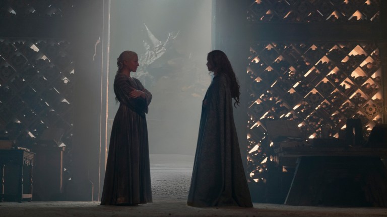 Rhaenyra Targaryen (Emma D'Arcy) and Alicent Hightower (Olivia Cooke) have a heart-to-heart in Dragonstone